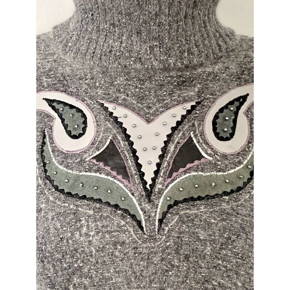 Vintage Turtleneck Sweater Silk Angora Lambswool M Gray Embroidered Beaded - Picture 5 of 10